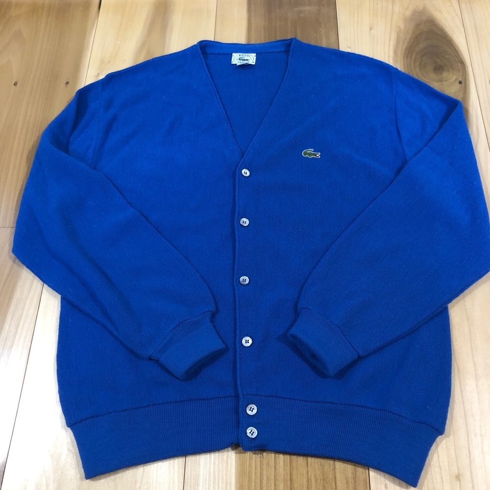 Vintage 80s IZOD Lacoste Mens Royal Blue Button Up Sweater LARGE Cardigan